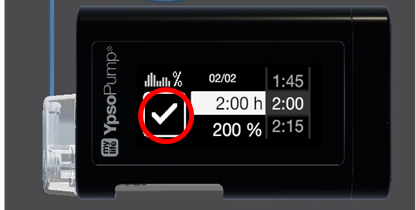 Photo of the Tandem t:slim screen, red circle shows to tick 
