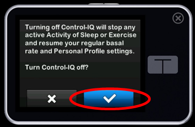 Photo of the Tandem t:slim screen, red circle shows to tick 