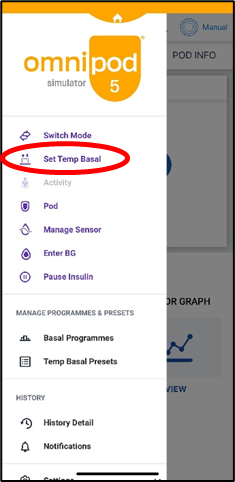 Photo of the Omnipod with options, red circle shows to select Set temp basal