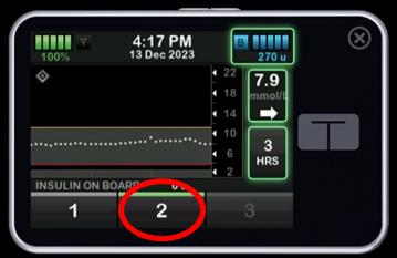 Photo of the Tandem t:slim screen, red circle shows 2