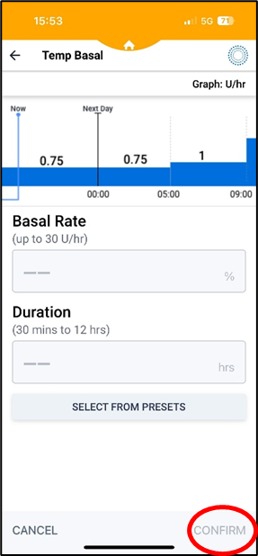 Photo of the Omnipod, set up basal rate and duration and the red circle shows confirm