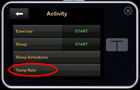 Photo of the Tandem t:slim screen, red circle shows Temp Rate