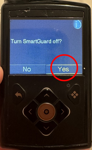 Photo of the Medtonic 780G screen, red circle shows Yes to select