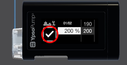 Photo of the Ypsomed CamAPS  screen, red circle shows tick