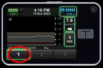 Photo of the Tandem t:slim screen, red circle shows 1