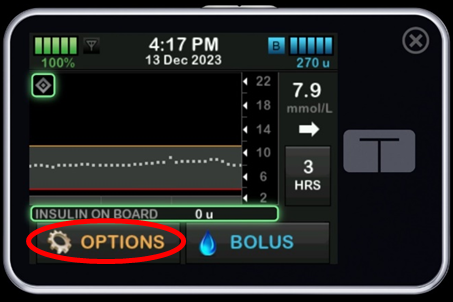Photo of the Tandem t:slim home screen, red circle shows options