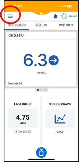 An image of an Omnipod screen with a circle around an icon in the top-left.