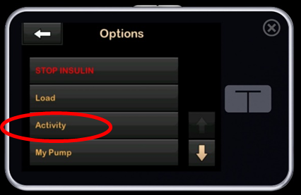 Photo of the Tandem t:slim screen, red circle shows Activity