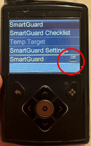 Photo of the Medtonic 780G screen, red circle shows SmartGuard with toggle off