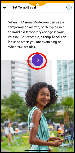 Photo of the Omnipod, red circle shows to select blue arrow