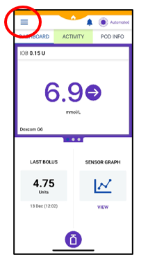 Image of the Omnipod 5 pump screen with a red circle showing three lines on the top left corner