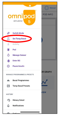 Image of the Omnipod 5 pump screen with a red circle showing Set Temp Basal