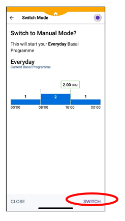 Image of the Omnipod 5 pump screen with a red circle showing Switch