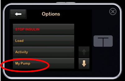 Photo of the Tandem t:slim screen, red circle shows to select My pump