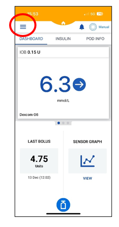 Image of the Omnipod 5 pump screen with a red circle showing three lines on the top left corner