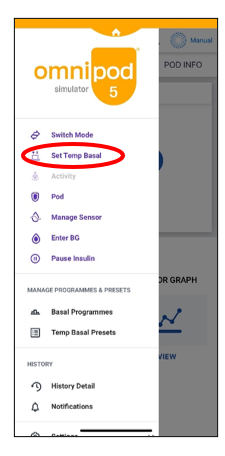 Image of the Omnipod 5 pump screen with a red circle showing Set Temp Basal