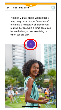 Image of the Omnipod 5 pump screen with a red circle showing blue arrow