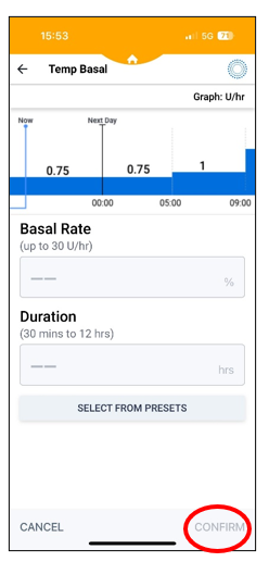 Image of the Omnipod 5 pump screen with a red circle showing Confirm
