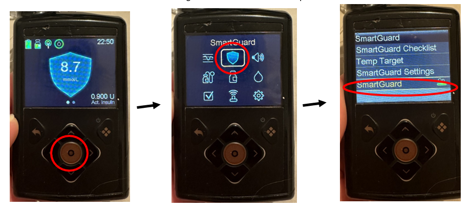 Image of three Medtronic 780G pump screens with arrows showing steps to follow