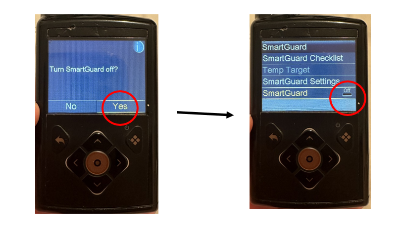 Image of two Medtronic 780G pump screens with an arrow showing steps to follow