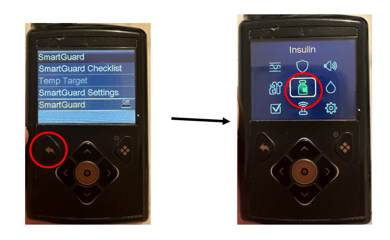 Image of two Medtronic 780G pump screens with an arrow showing steps to follow
