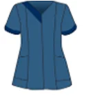 Image of a cleaner's uniform. Blue/grey tunic with dark blue trimmed collar and sleeves.