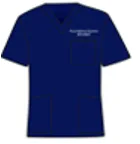 Image of a doctor's uniform. Dark Blue t shirt style scrub.