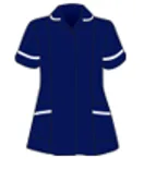 Image of a midwife's uniform. Dark Blue tunic with white trimmed collar, sleeve and pocket.