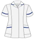 Image of a physiotherapist's uniform. White tunic with blue trimmed collar, sleeve and pocket.