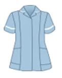 Image of a maternity support worker's uniform. Light blue tunic with white trimmed sleeve.