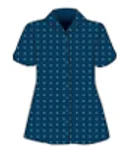 Image of a ward clerk's uniform. Dark Blue blouse with green patterns.