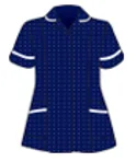 Image of a specialist midwife's uniform. Dark Blue tunic with white trimmed collar, sleeve and pocket.