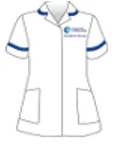 Image of a student midwife's uniform. White tunic with blue trimmed collar and sleeve.