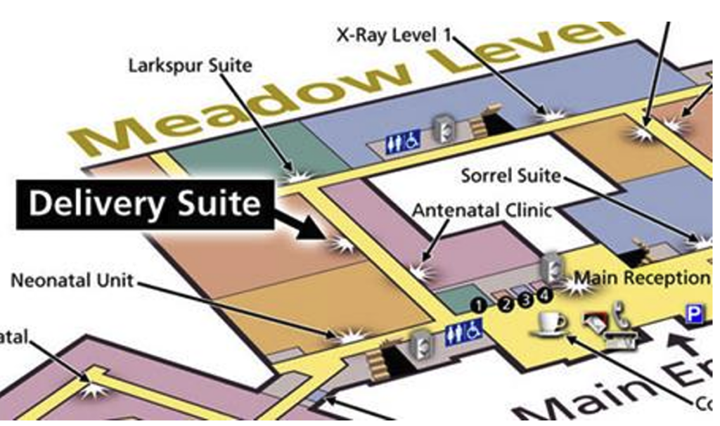 Map of Worcestershire Royal Hospital explaining route to Delivery Suite