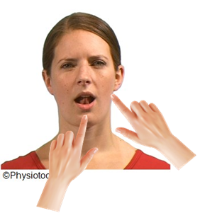 An image of an individual shown from the front their mouth is open and their tongue is touching the roof of their mouth. One finger is on their chin and one finger is on the jaw joint