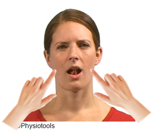 An image of an individual shown from the front their mouth is open and their tongue is touching the roof of their mouth. One finger is on each jaw joint