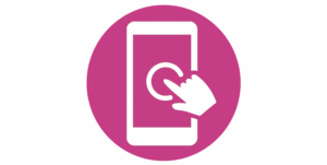 Pink circle with white graphic icon of a mobile phone with hand pointing at phone