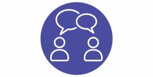 Purple circle background. Graphic line drawing in white, of two head and shoulders shot and speech bubbles above their heads.