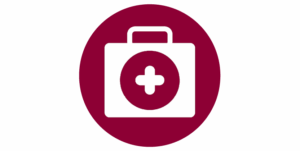 Red circle, inside of which is drawing a white graphic picture of medicine box.