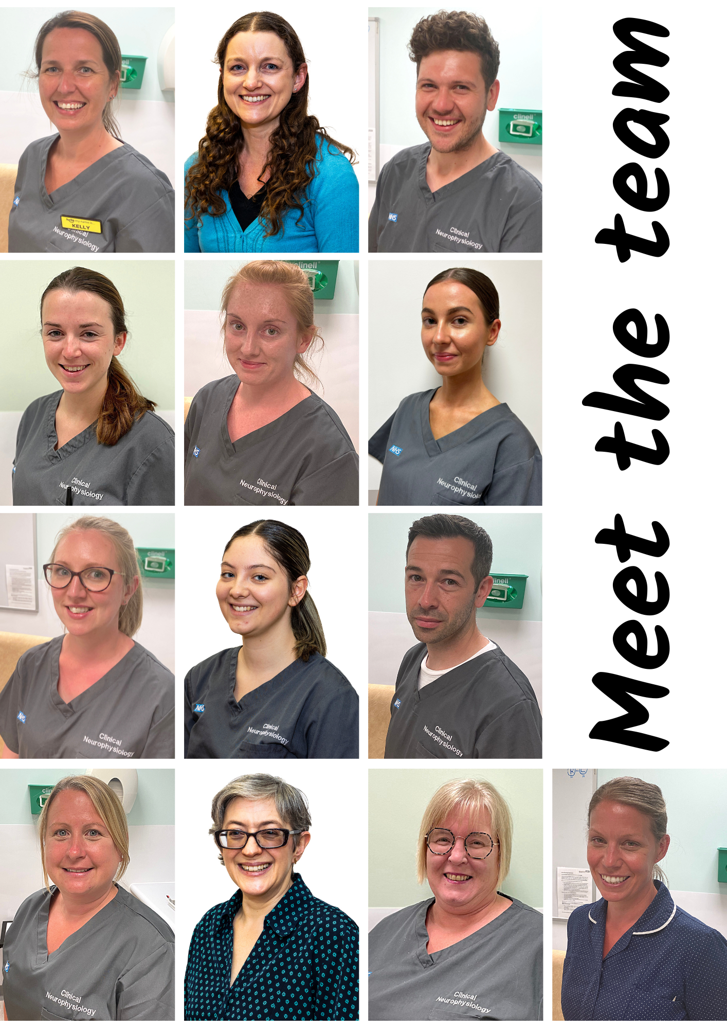 A collage of photos of the team (listed above) with a title of 'meet the team'.