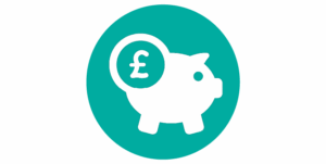 Turquoise circle, with graphic icon of a piggy bank with pound coin being inserted.