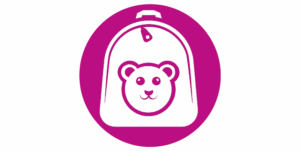 Pink circle with white graphic icon of a backpack with a teddy bear motif on the front.