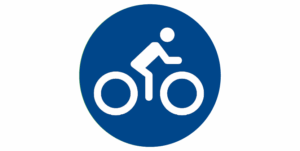 Blue circle with a white graphic picture showing a person riding a bike.