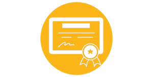 Yellow circle, with white graphic certificate icon