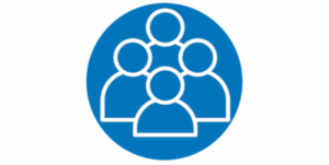 Graphic picture. Blue circle background. White outline of four simplistic head and shoulders, representing a group of people.