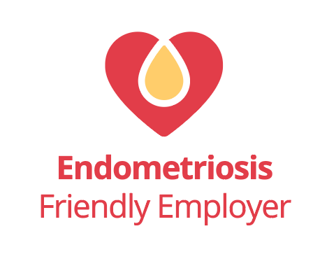 Endometriosis logo . Graphic red and yellow heart with wording Endometriosis Friendly Employer