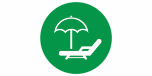 Green circle with white icon of umbrella and sun lounger.