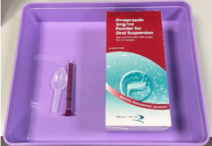 Tray with equipment for administering PPI including the oral suspension, measuring spoon and medicine syringe