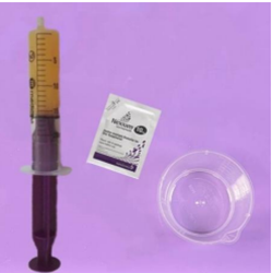 Syringe shown with solution inside, tip upright and air removed (also shows granules sachet and empty jug)
