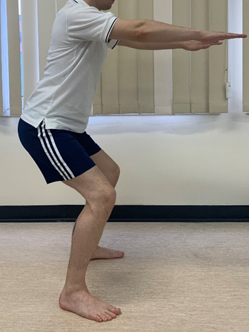Image shows an individual in a squat. Arms are held straight out in front and knees are slightly bent over toes